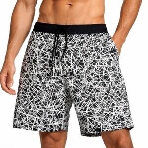 Joe Boxer Swim Trunks Mens XXL Black White Geometric Scribble Print Board Shorts